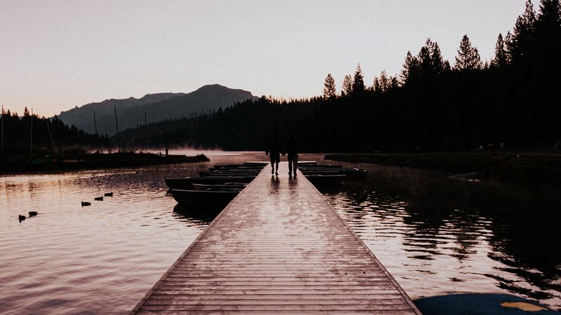 pier, silhouettes, dark, river, dusk, 4k