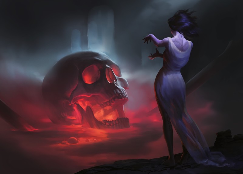 fantasy girls, skull, fantasy, digital art, hd
