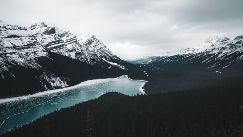 mountains, lake, frozen, forest, landscape, 4k