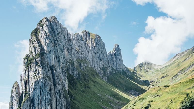 mountains, rocks, gorge, slope, greenery, 4k
