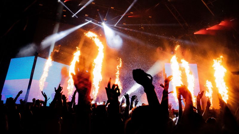 concert, stage, fire, spotlights, dark, 4k