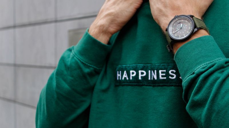 happiness, patch, inscription, clothes, hands, watch, 4k