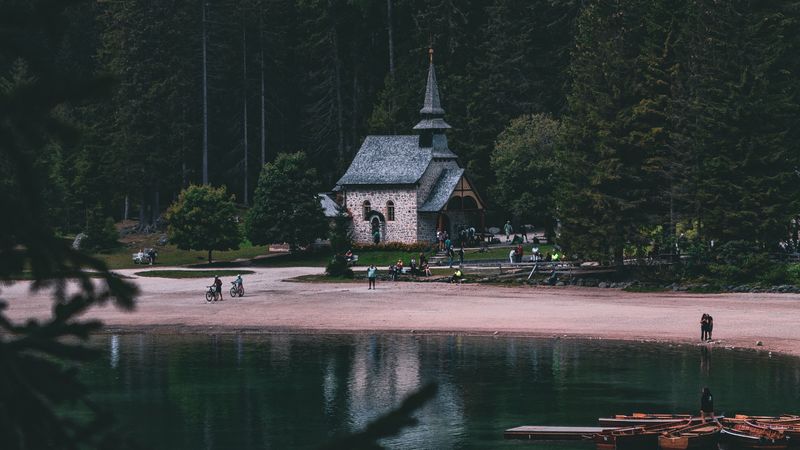 building, lake, trees, shore, nature, 4k