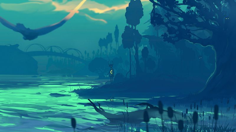 river, shore, silhouette, dark, art, 4k
