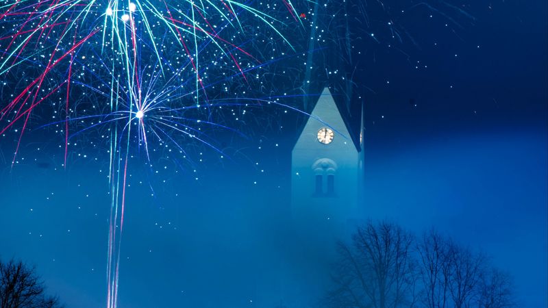 cathedral, building, fireworks, night, art, 4k