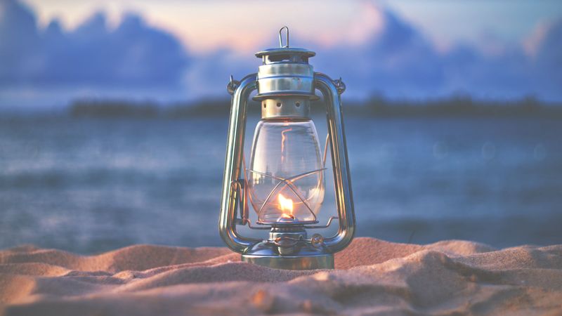 lamp, lantern, fire, sand, beach, 4k