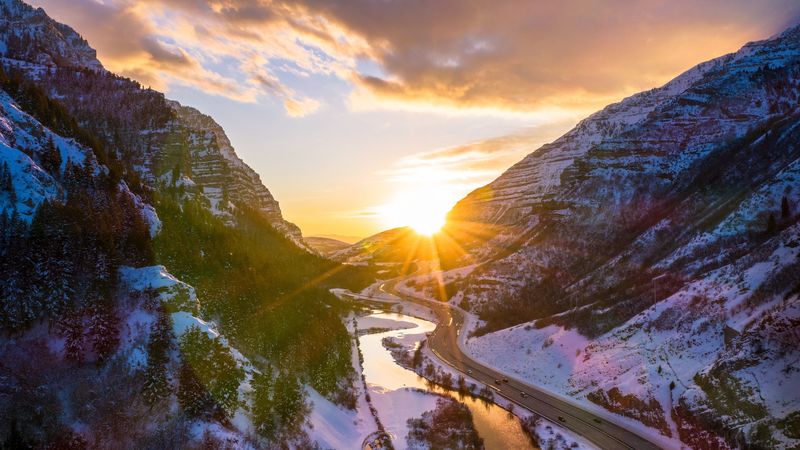 mountains, road, river, sun, landscape, 4k