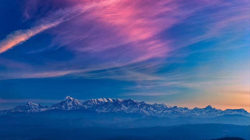 mountains, fog, sunset, clouds, landscape, 4k