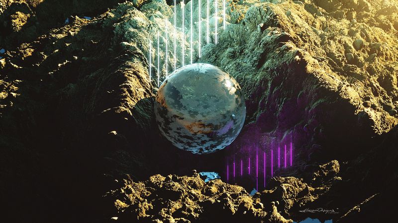 ball, sphere, rocks, lines, neon, 4k