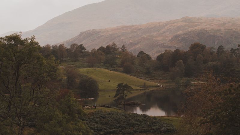 lake, mountains, hills, fog, landscape, 4k