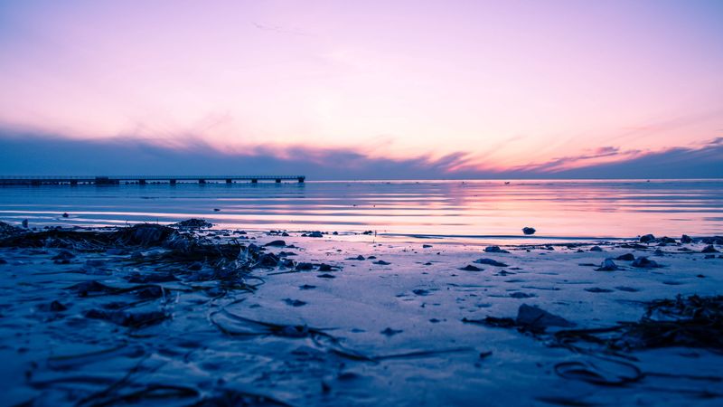beach, sea, sunset, dusk, pier, 4k