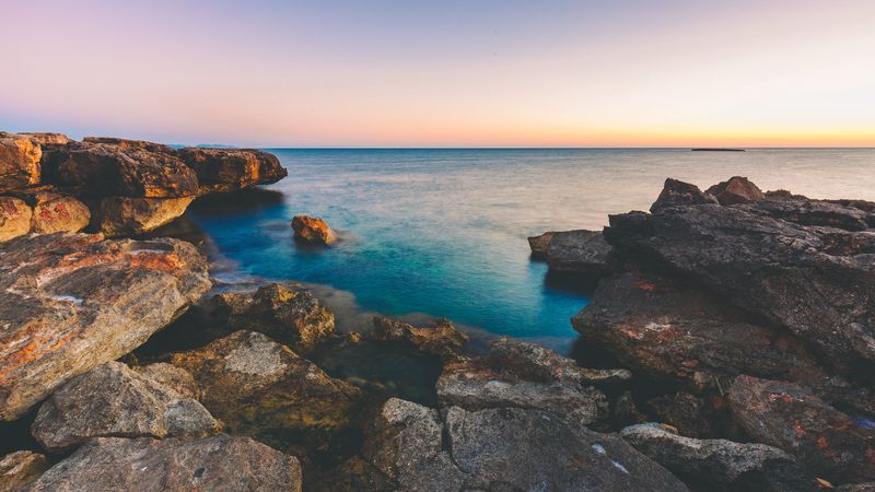sea, stones, rocks, coast, landscape, 4k