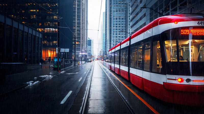 street, city, tram, buildings, rain, 4k