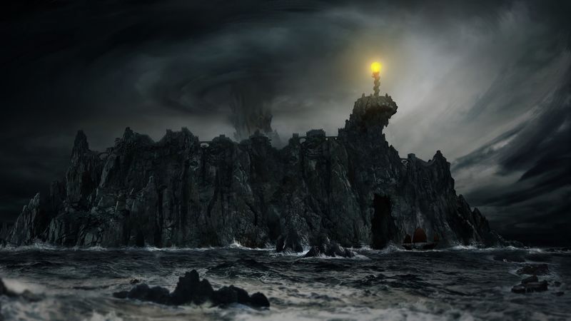 rock, storm, ship, darkness, fantasy, art, 4k