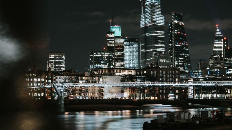 night city, buildings, lights, bridge, river, dark, 4k