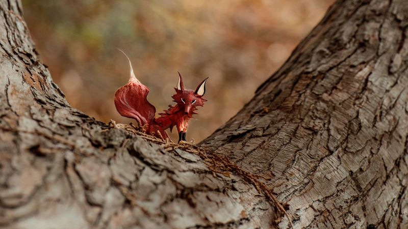 fox, toy, crafts, tree, 4k