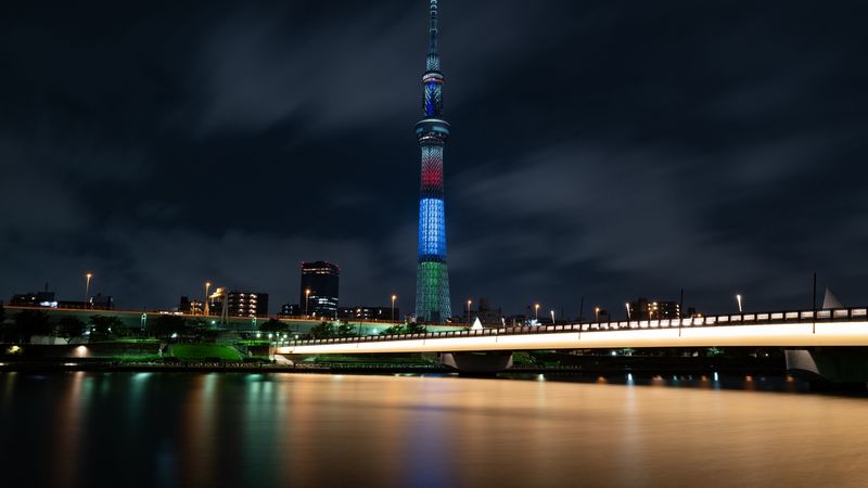tower, bridge, buildings, night city, architecture, lights, 4k