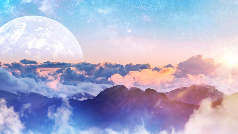 mountains, clouds, moon, height, overview, landscape, 4k