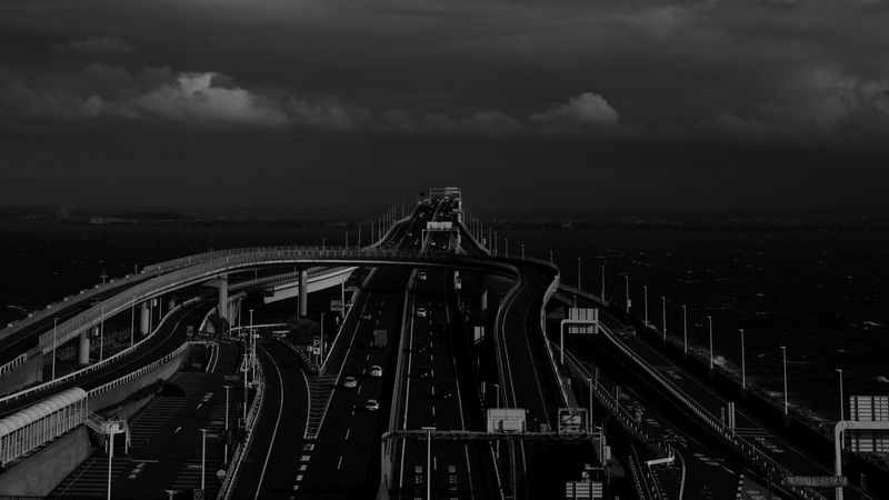 bridge, road, tangled, bw, dark, 4k