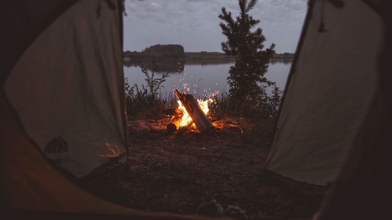 tent, campfire, camping, fire, sparks, 4k