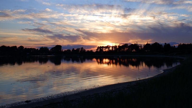 lake, sunset, dusk, dark, shore, 4k