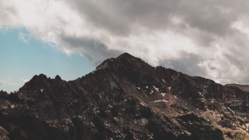 mountains, peaks, clouds, lake, landscape, 4k