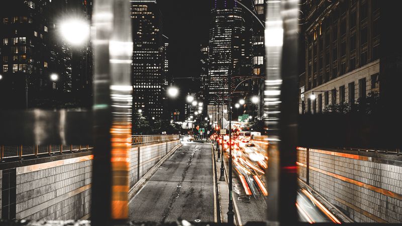 night city, street, lights, buildings, dark, 4k