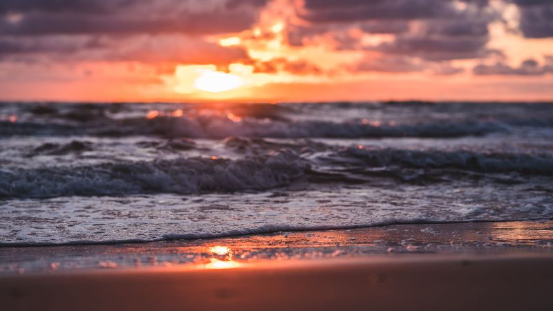 sea, beach, sunset, waves, clouds, 4k