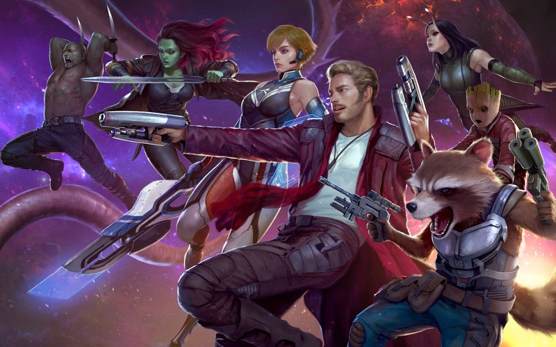 marvel future fight, games, hd, 4k, guardians of the galaxy, star lord, gamora, drax the destroyer, rocket raccoon, groot