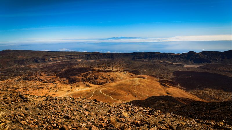 mountains, crater, volcanic, stones, landscape, 4k