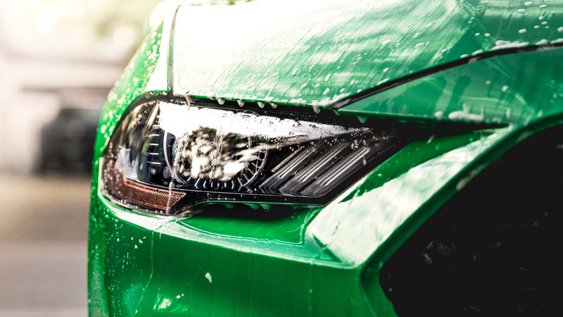 car, green, wet, headlight, front view, 4k