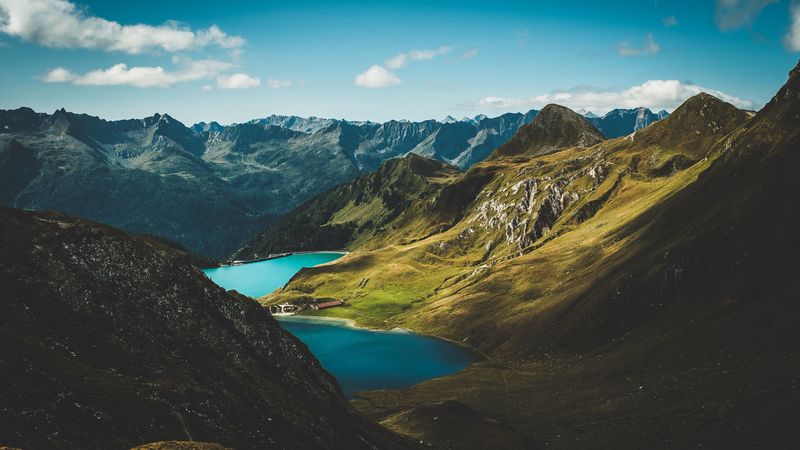 mountains, lake, aerial view, landscape, nature, 4k