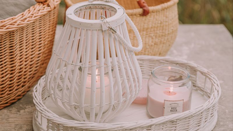 basket, candles, jar, wooden, wicker, 4k