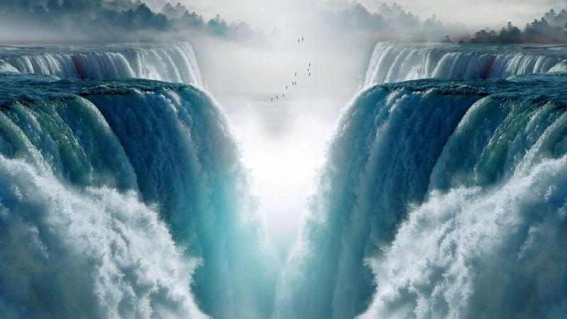 waterfall, birds, fog, cliff, water, 4k