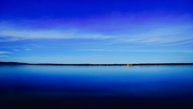 lake, coast, horizon, water, sky, 4k