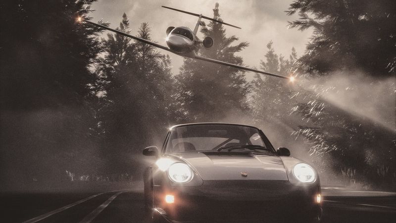 car, plane, road, fog, asphalt, speed, 4k