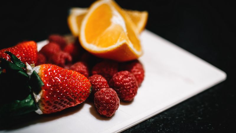 raspberries, strawberries, orange, berries, fruits, 4k