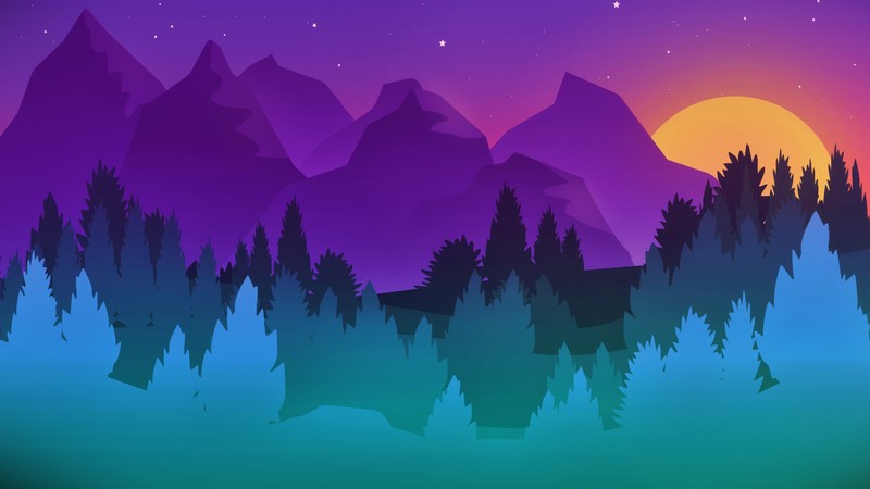 mountains, trees, stars, colorful, artist, artwork, minimalism, minimalist, digital art, hd