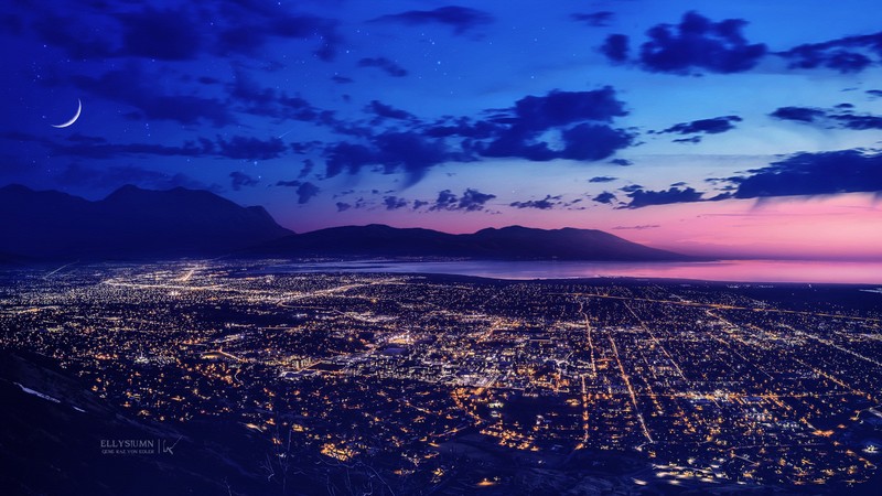mountains, sky, moon, city, lights, hd, nature, 4k