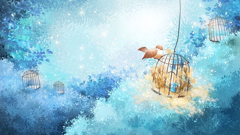 cage, bird, branches, nest, art, 4k