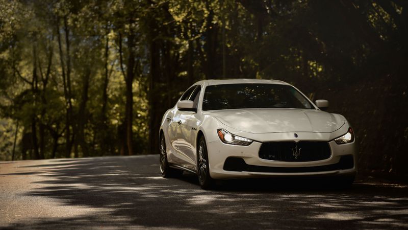 maserati ghibli, maserati, car, white, front view, road, 4k