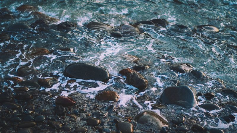 water, pebbles, shore, waves, beach, 4k