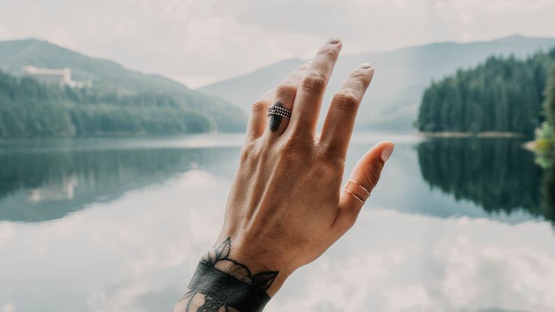 hand, tattoos, touch, lake, landscape, 4k
