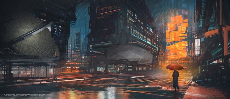 cyberpunk, neon, rain, artist, artwork, digital art, hd, 4k, deviantart, umbrella, scifi