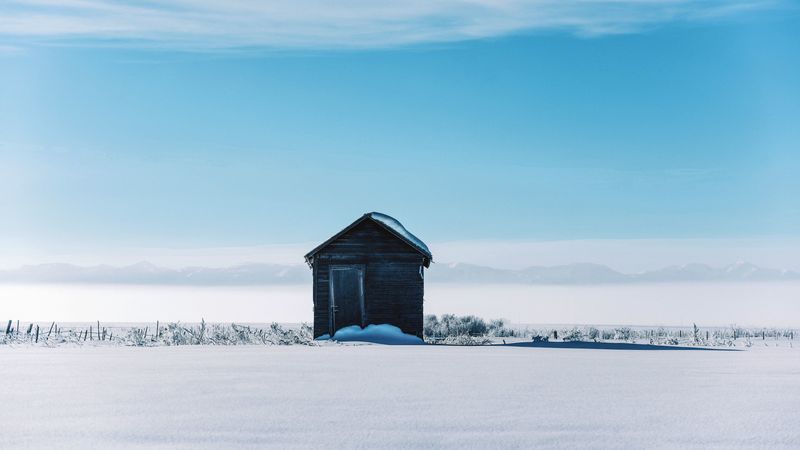 house, hut, snow, winter, landscape, 4k