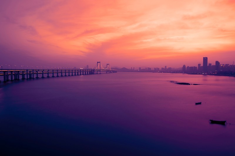 bridge, city, world, pink, river, lake, evening, buildings, sunset, sea, dusk, dawn, hd, 4k, 5k