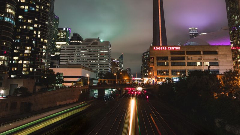 night city, buildings, architecture, lights, railroad, 4k