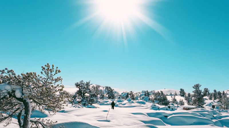 snow, sun, landscape, winter, 4k