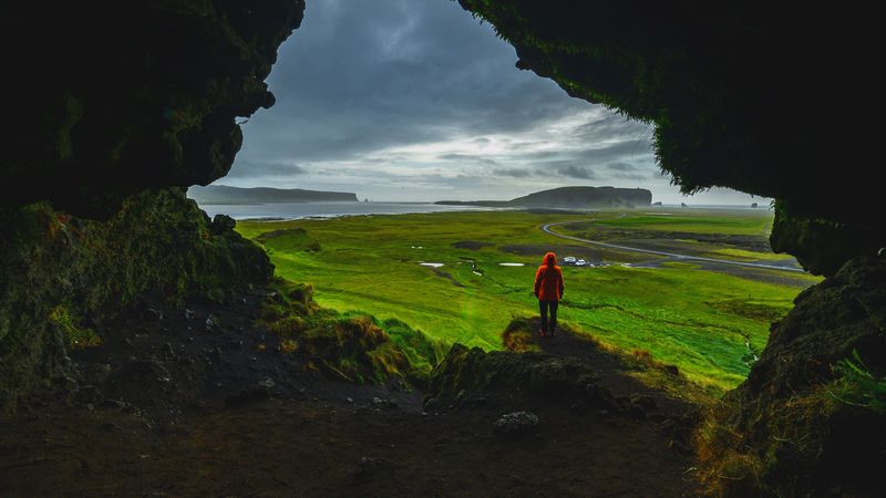 cave, man, landscape, coast, greenery, 4k
