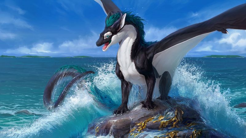 dragon, sea, rock, wave, art, 4k